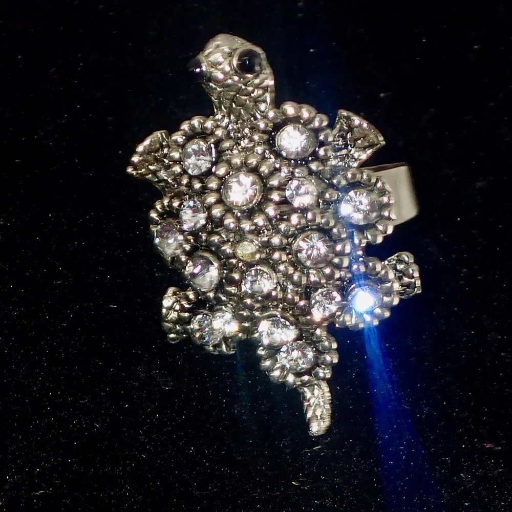 Vintage Ring Crystal Turtle Silver Adjustable Band Size 7 A Statement Piece Rare